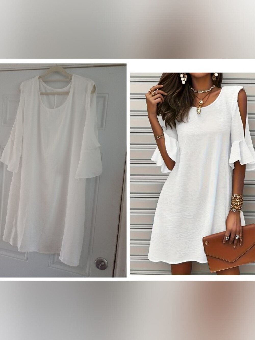 Round Neck Off Shoulder Ruffle Sleeve Women's Casual Dress Cover Up White Sz XL